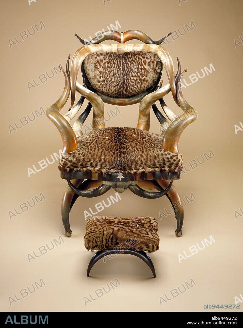 Platform rocking chair, c. 1880-90, Wenzel Friedrich, American (Texas, born Bohemia), American (Texas, born Bohemia), 1827 - 1902, 35-3/4 x 24 x 20-1/2 in. (90.8 x 61.0 x 52.1 cm), Horn, ivory and glass with ocelot upholstery, United States, 19th century, Nothing says 'Wild West' like a chair made from the horns of those icons of the American West, Texas Longhorn cattle. These cattle were prized for their meat and hides, but no one had any use for their dramatic horns. Enter Wenzel Friedrich, a German immigrant who moved to San Antonio, Texas, and saw an opportunity. He became the premier maker of horn furniture by the late 1800s. His clients included not only wealthy Americans, but Europeans looking for an exotic taste of the West, including Britains Queen Victoria.