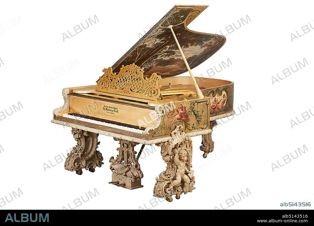 Johann Matthäus Keuffel, Grotrian, Helfferich, Schulz, Th. Steinweg Nachf. GmbH & Co, fortepianos (salon concert grand), mahogany, spruce, maple, wood, Total: Length: 2110 mm; Width: 1520 mm; Height: 995 mm (instrument); Height: 360 mm (sides), Inscription: on the inside of the keyboard cover: Grotrian, Hellferich, Schulz, Th. Steinweg Nachf, Braunschweig, below: design and exterior decoration by Johann Matthäus Keuffel, inscription: on the full armored frame on the left below the tenor pegs the serial number: 10625, keyboard instruments, ornaments, floral ornaments, cupids, putti, cupids with attributes of the arts, sciences etc, lyre, lyre, zither, psaltery, idylls, rural scenes, arcadian scenes, historicism.