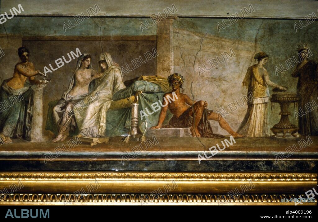 Roman wall painting of 'Aldobrandini Wedding' from villa of the Esquiline, c1st century BC. Discovered on masonry of a house near the Arch of Gallienus on the Esquiline Hill, the Aldobrandini Wedding (Nozze Aldobrandini) fresco is an influential Ancient Roman painting on display in the Vatican Museum.