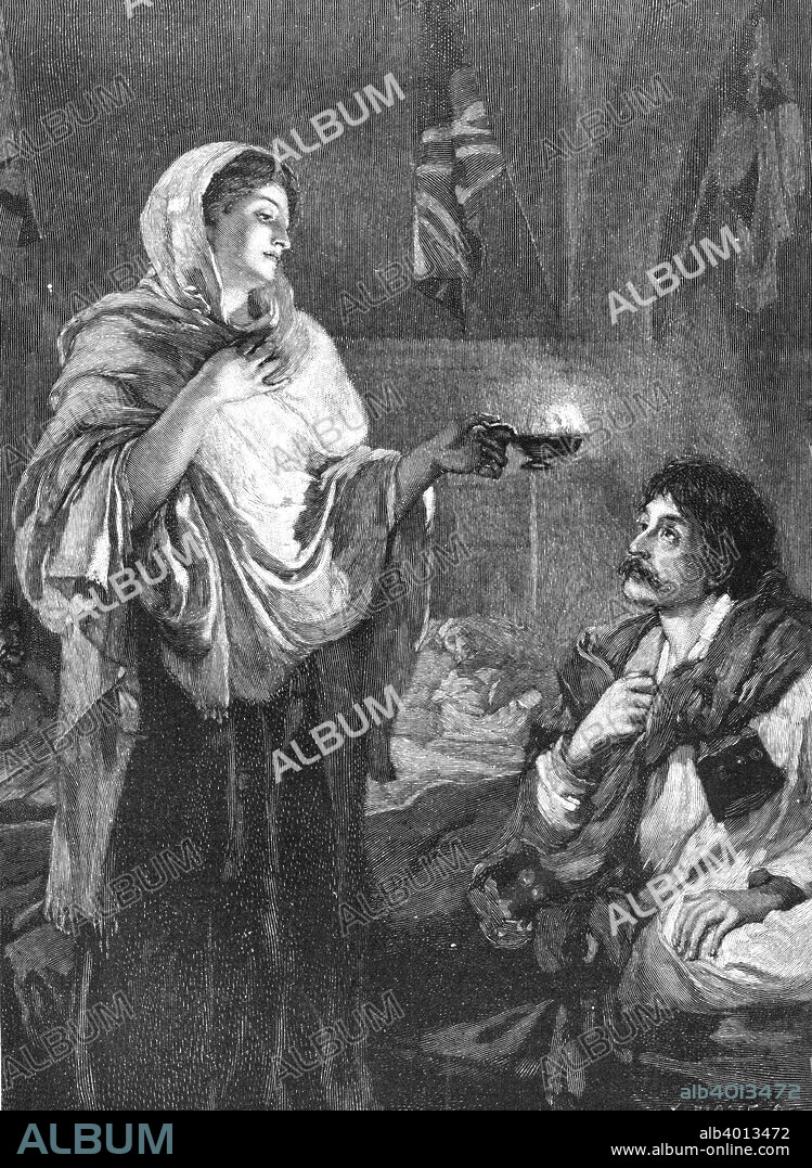 'The Lady with the Lamp', c1880. Florence Nightingale doing her night rounds in the British military hospital at Scutari. In 1854, during the Crimean War (1853-1856), Sidney Herbert, Secretary of State for War, appointed the English nurse Florence Nightingale (1820-1910), a family friend, to introduce female nurses into the British military hospitals in the Crimea. Until the end of the war she worked tirelessly to improve conditions.