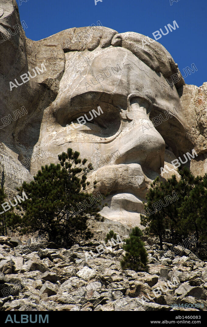 THEODORE ROOSEVELT (1858-1919). Presidente de los Estados Unidos. ROSTRO DE ROOSEVELT en el MONTE RUSHMORE (MOUNT RUSHMORE), esculpido entre 1927 y 1941 por Gutzon BORGLUM. Declarado Monumento Nacional en 1925. KEYSTONE. Estado de Dakota del Sur Estados Unidos.