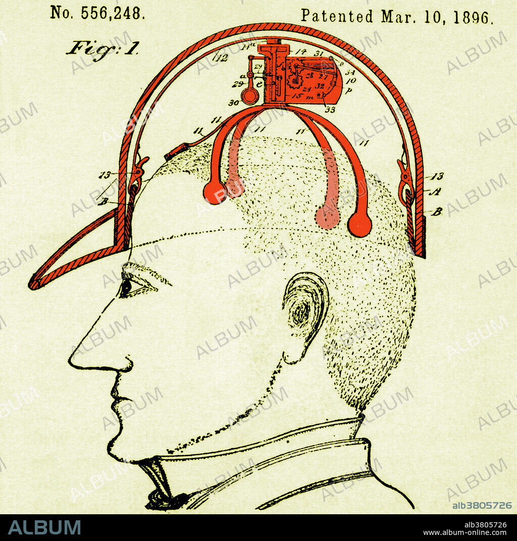 Diagram of a Saluting Device that was patented on March 10, 1896, by James C. Boyle. The device is designed to automatically effect polite salutations, by tipping one's hat without the use of hands. Patent No. 556,248.