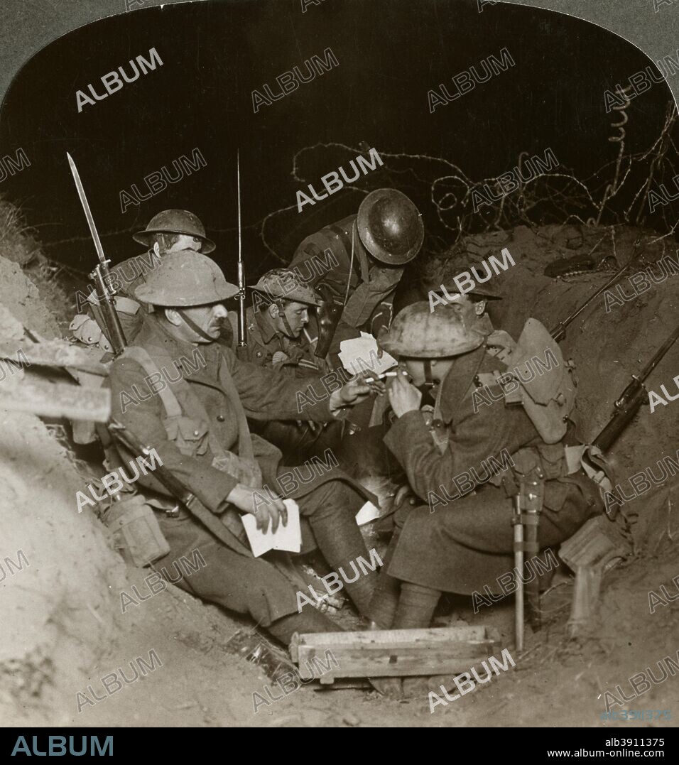 An evening in the reserve trenches at Beaumont Hamel, France, World War I, 1914-1918. Stereoscopic card detail.