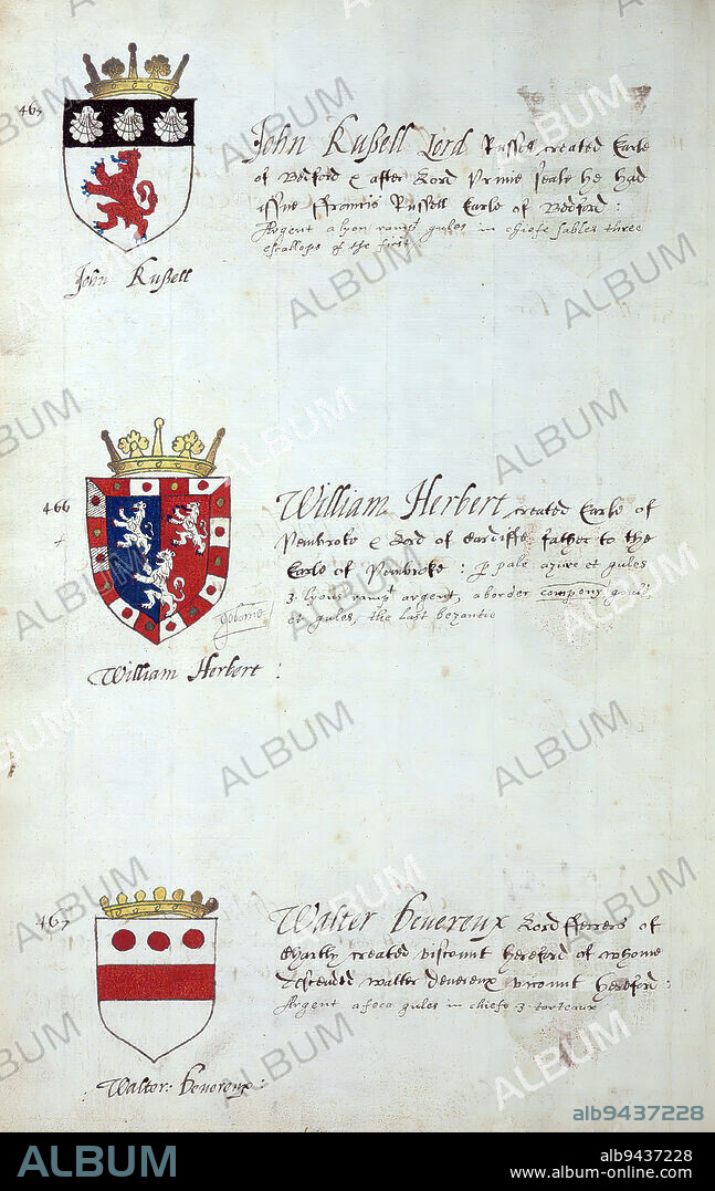 Book of English heraldry, Arms of John Russell, William Herbert, and Walter Devereux, This book of English heraldry was completed ca. 1589. The manuscript belonged to the Spencer family, as known through inscriptions on the first few flyleaves, including the motto 'Dieu defende Le Droit' (God defends the right). This motto has long been associated with the Spencer family of England, which is the family line of Princess Diana, as well as the Spencers who were among the founders of Virginia. The Spencer family's heraldry is included in the manuscript, along with the coats of arms of numerous prominent British families, including the Hasting, Gray, Beuford, and Percye families.