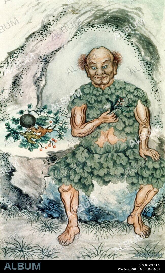 Shennong, Chinese deity of medicine, pharmacy and agriculture. The god is seated at the mouth of a cave, dressed in his traditional garb made from leaves, holding in the right hand a branch with leaves and berries, the virtues of which he has been demonstrating. Watercolor from 1920. Shennong is considered to have been one of the Three Sovereigns (also known as "Three Emperors") who lived some 5,000 years ago. Shennong has been thought to have taught the ancient Chinese not only their practices of agriculture, but also the use of herbal drugs.