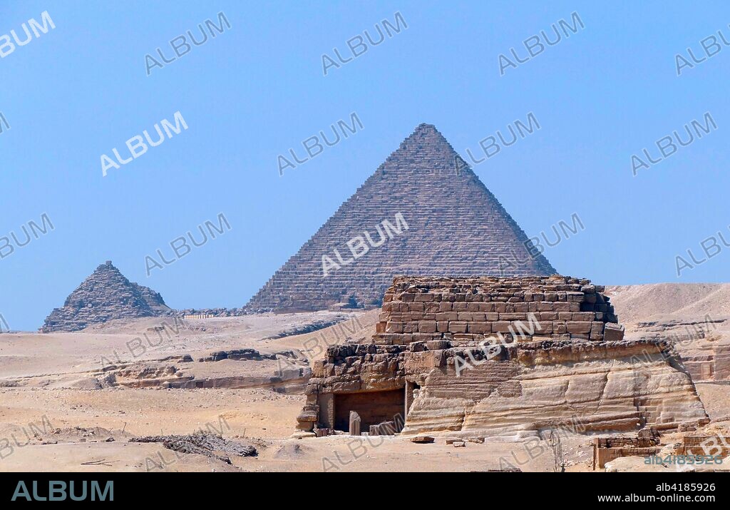 The Pyramid of Menkaure. on the Giza Plateau. Cairo. Egypt. is the smallest of the three main Pyramids of Giza. It is thought to have been built to serve as the tomb of the fourth dynasty Egyptian Pharaoh Menkaure. approx. 2500 BC.