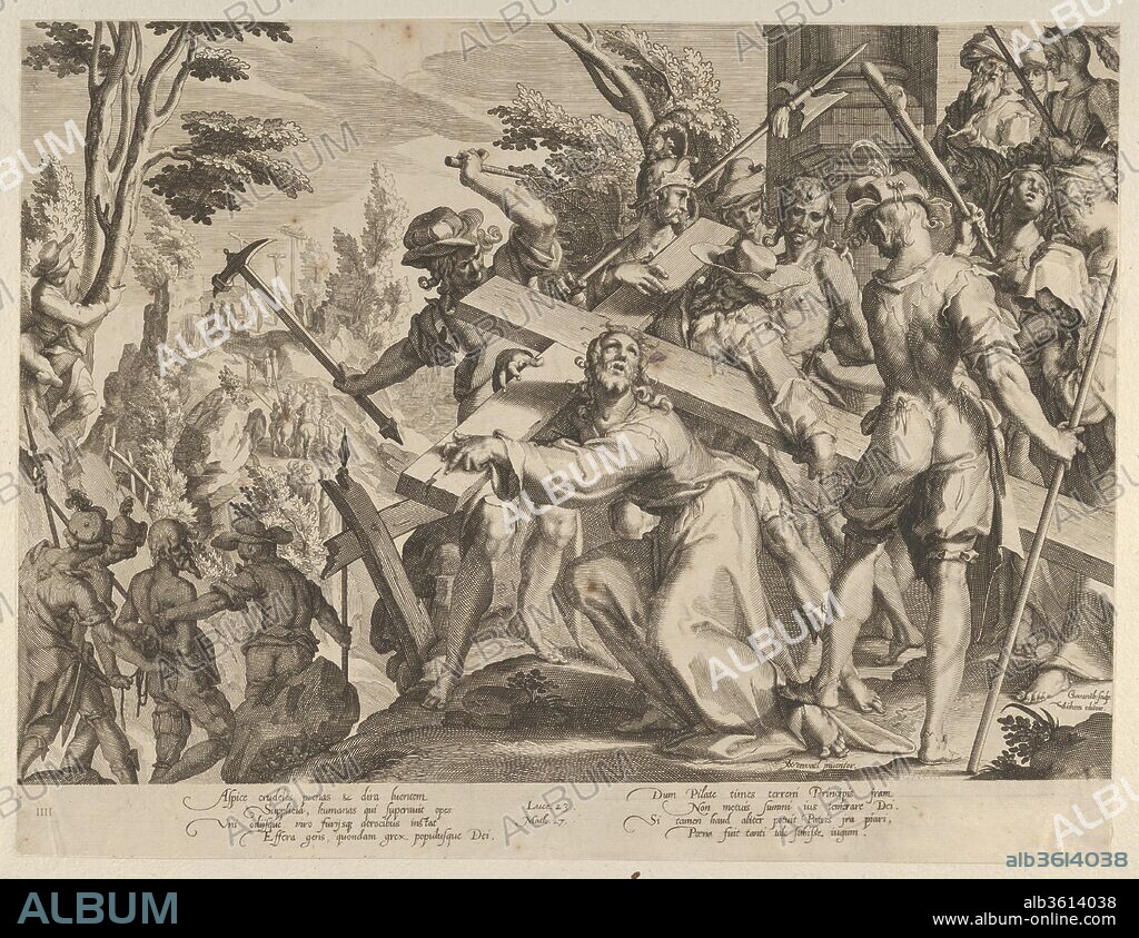 Christ Carrying the Cross, from Thronus Justitiae, tredecim pulcherrimus tabulis..., plate 4. Artist: Willem van Swanenburg (Netherlandish, ca. 1581/82-1612); After Joachim Wtewael (Netherlandish, Utrecht 1566-1638 Utrecht). Dimensions: Sheet: 11 1/2 × 15 3/16 in. (29.2 × 38.5 cm). Publisher: Christoffel van Sichem I (Netherlandish, 1546-1624). Series/Portfolio: Thronus Justitiae, tredecim pulcherrimus tabulis.... Date: 1605-6.
This print is from a set of 13 plates depicting "pictures of justice", with scenes from the Bible, history, and legend.  The prints are executed by Willem Swaneburg after designs by Joachim Wtewael.  The prints were first published by Christoffel van Sichem in 1606.