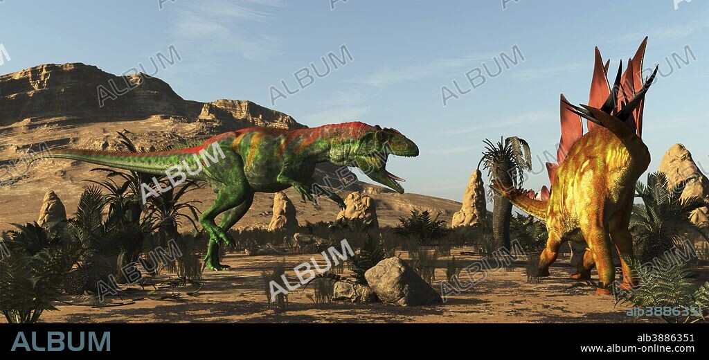 Saurophaganax, a huge Allosaurus like dinosaur, attacks a Stegosaurus.