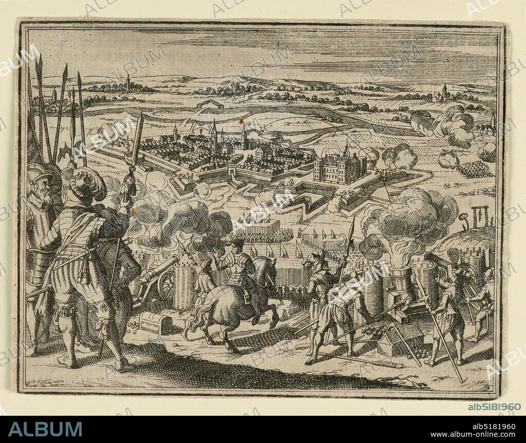 Warfare Illustration, Engraving on paper, Illustration for a book. Troops besiging a fortified town from a high position in the foreground., Antwerp, Netherlands, ca. 1630-1660, Print, Print.