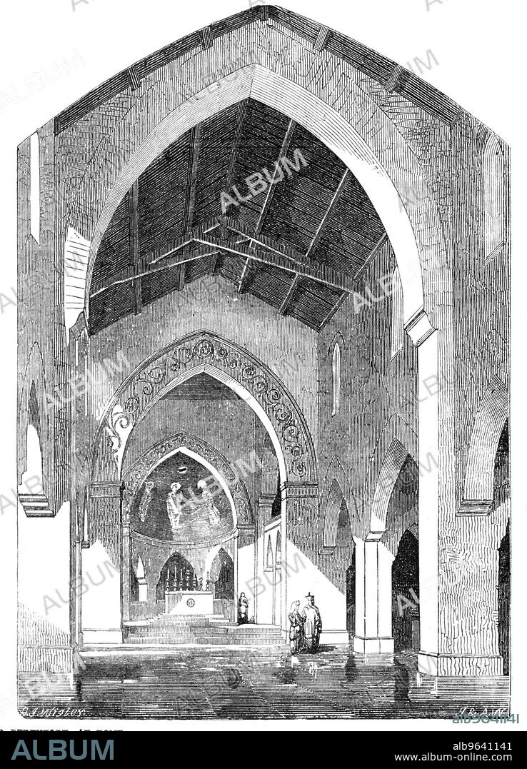J. & A. W.. New Church of Il Santissimo Redentore, at Rome, (interior), 1856. View of '...the Church of II Santissimo Redentore, now in course of erection from the designs of [English architect] Mr. George G. [sic] Wigley...The Redemptorist Fathers (an order founded at the end of the last century, by the well-known theological writer, St. Alphonsus Liguori) have lately purchased the Villa Caserta, to make it their head-quarters in the Eternal City, and have added to the existing buildings the church which is the subject of our Illustration. The general dimensions of the church are 200 Roman palms (146 feet) in length, by 70 palms (51 feet) in width, and 70 palms in height. The estimated cost is 18,000 Roman scudi (about £4000). The style of the church is an adaptation of Italian Gothic, of a very simple character, studied from mediaeval buildings at Subiaco and other places in the neighbourhood of Rome'. From "Illustrated London News", 1856.
