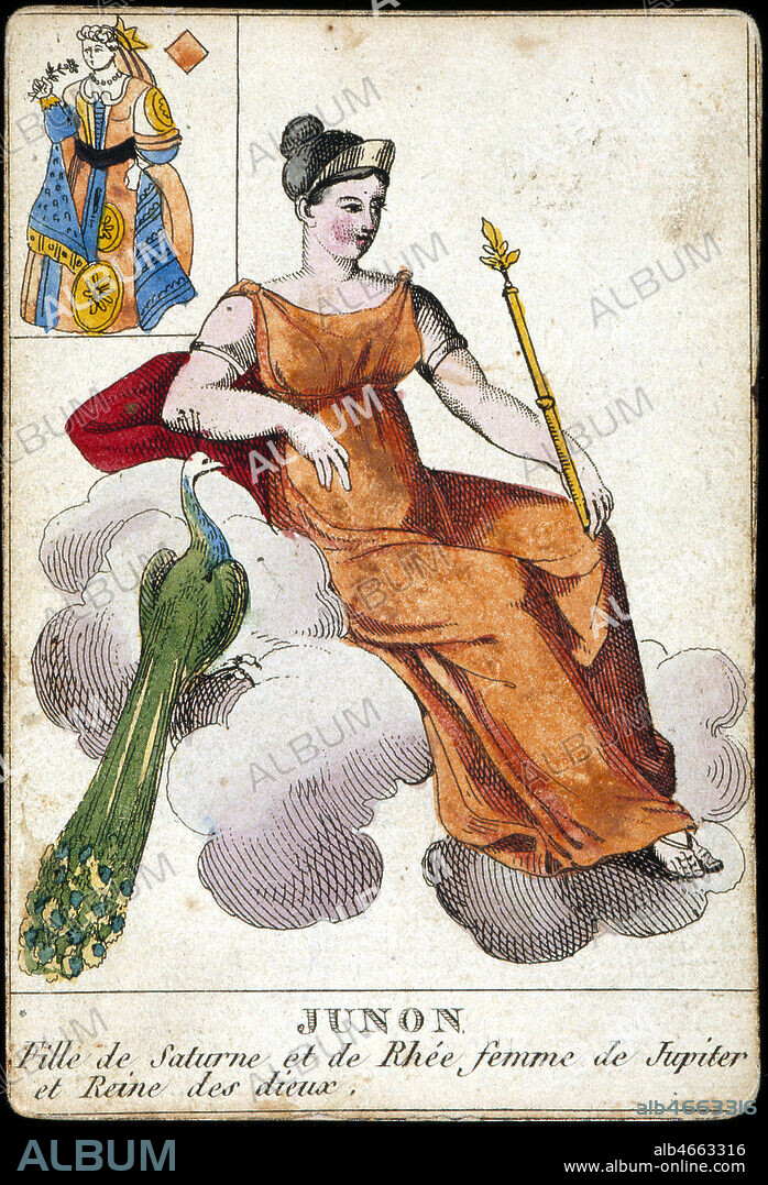 JUNON fille de Saturne et de Rhee , femme de Jupiter et Reine des Dieux, dans la mythologie romainee. Jeu de cartes mythologiques debut XIXeme siecle, vers 1810. Collection IM/KHARBINE-TAPABOR.