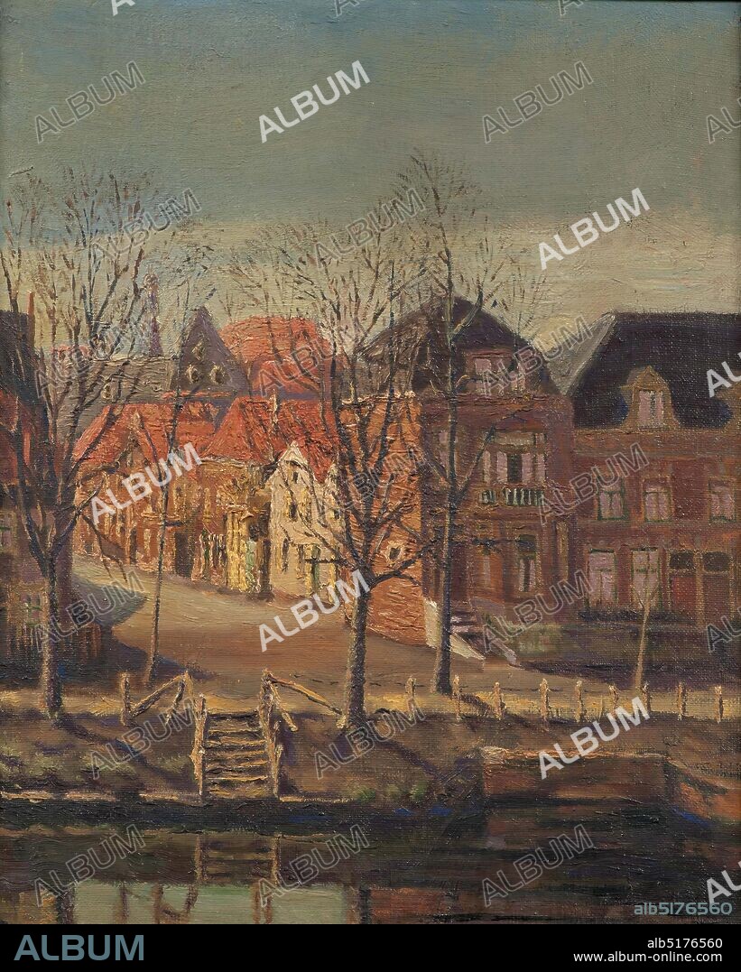 painting, Wilko Emmens, late 19th or first half of the 20th century, canvas, panel, oil paint, painted, Carrier: 38 × 31 × 1cm 380 × 310 × 10mm, With frame: 41.2 × 34.2 × 2.5cm 412 × 342 × 25mm, canal, house, cityscape, tree, Leiden, Painting depicting a cityscape in Leiden: the Jacobsgracht from the Zoeterwoudse Singel. The painting offers a view of the Jan van Houtkade from the Zoeterwoudse Singel. There are trees on the quay. To the left of the quay is a staircase that leads to the canal. The Jacobsgracht runs right behind this staircase. Houses are located on the Jan van Houtkade as well as on the Jacobsgracht. Not signed. The painting is in a gilded wooden frame. On the back of the painting is a label with a typed text with details about the painter and representation. Notes have been added with pen, 1977.