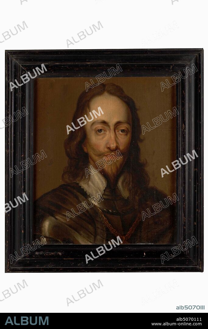 painting, 17th century, canvas, oil paint, painted, Carrier: 49.5 × 42.5 × 1cm (495 × 425 × 10mm), With frame: 64.2 × 57 × 4cm (642 × 570 × 40mm), Portrait of a Man: King Charles I of England. He is depicted as a bust, facing straight and looking at the viewer. The king is depicted in a suit of armor and with a gold chain around his neck. He wears long hair, a pointed beard and a mustache. Not signed. The painting is in a black-painted wooden frame, man's portrait.