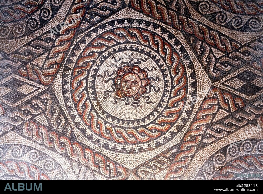 Bignor, Roman villa. Floor mosaic of the head of Medusa. Photo, undated.