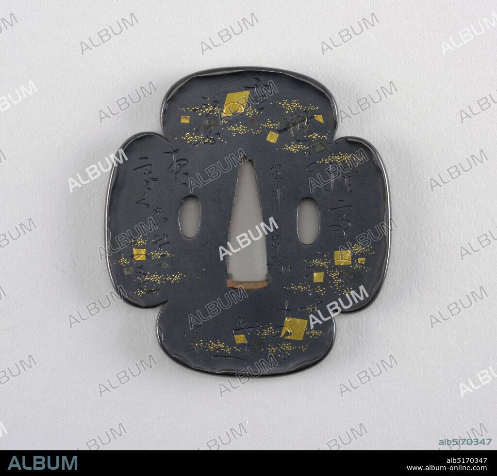 Tsuba, Shakudo (an alloy of copper and 3-6% gold), gold inlay, At the center is the nakago-ana, an opening through which the sword passes, with remnants of sekigane (plugs added to fit the tsuba to a sword) made of shakudo (a soft copper and gold alloy). Surrounding this is the seppadai, a flat oval area that is migaki (burnished). On either side are ryo-hitsu, openings for the kozuka (utility knife) and the kogai (skewer tool). Both are hangetsu-kei (half moon) in shape., Japan, late 19th century, metalwork, Decorative Arts, Tsuba.