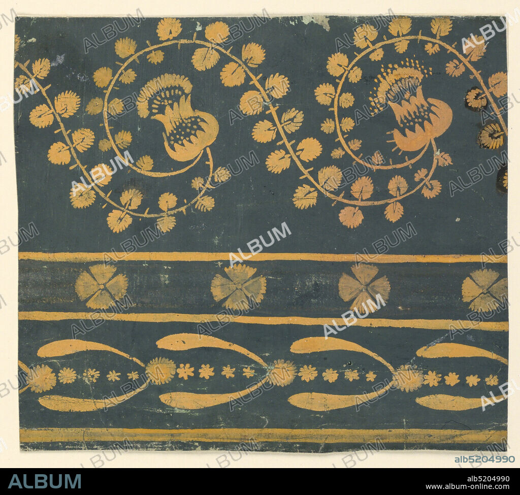 Design for a wallpaper frieze, Brush and orange, greenish-black gouache on paper, Rinceau formed by boughs with leaves and thorns in the shape of horizontal S with blossoms in the hollows over two bands. Upper one shows rosettes, lower one a fantastical floral motif., France and USA, 181030, wallpaper designs, Drawing, Drawing.