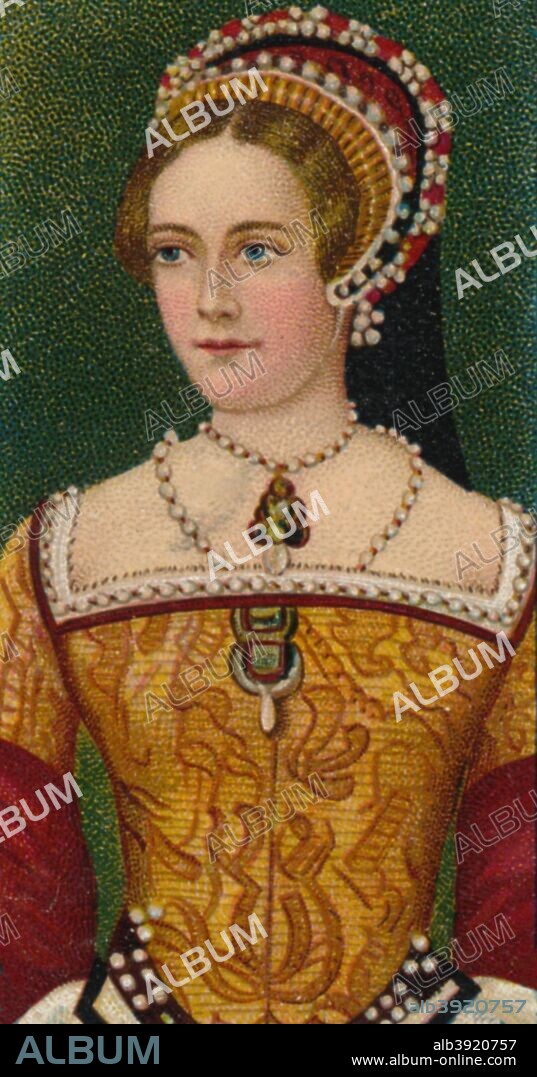 Queen Mary I (1516-1558) of England, 1544. Mary Tudor (1516-1558) was Queen of England and Queen of Ireland from 6 July 1553 (de jure) or 19 July 1553 (de facto) until her death. Mary, the fourth and penultimate monarch of the Tudor dynasty, is remembered for her attempt to return England from Protestantism to Roman Catholicism. After a painting by Master John, 1544. From 'Chairman & Vice-Chair Miniatures' cigarette cards, first series, produced by R. J. Lea, Ltd., Manchester, 1912.