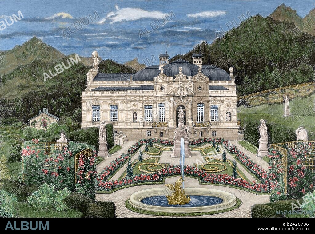 LUIS II DE BAVIERA (1845-1886). Príncipe bávaro de la Casa de Wittelsbach, rey de Baviera de 1864-1886. Grabado del suntuoso palacio de Linderhof, construido por el rey Luis II, Baviera. Grabado coloreado de "La Ilustración Española y Americana", 1886.