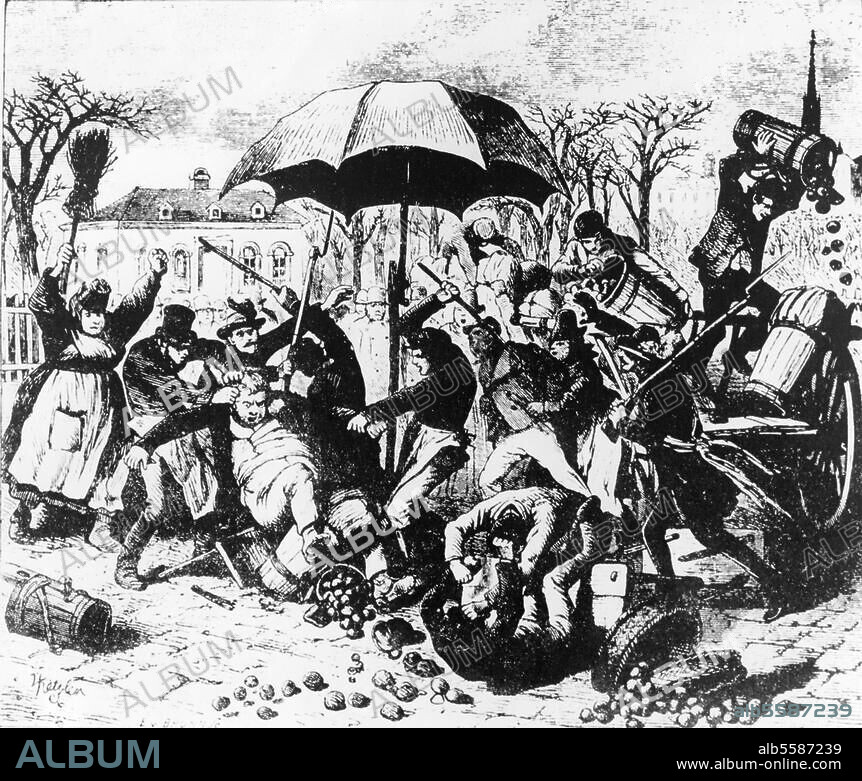 Deutscher Vormärz / Hungerrevolten. 1846/47 in Folge von Mißernten:. "Kartoffelrevolution" in Berlin, 21./22. April 1847. Sturm auf die Kartoffelstände in Berlin. Lithographie, zeitgenössisch, von Vinzenz Katzler (1823-1882).