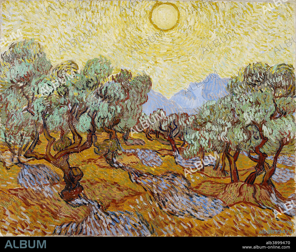 VINCENT VAN GOGH. Olijfbomen / Olijfbomen met gele hemel en zon / Olive Trees / Olive Trees with yellow sky and sun. Date/Period: Saint-Rémy, November 1889. Painting. Oil on canvas. Height: 73.6 cm (29 in); Width: 92.7 cm (36.5 in).