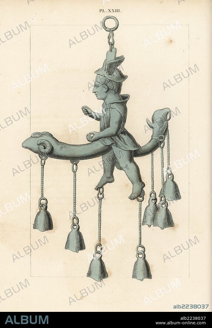 Bronze lamp in the form of Hermes wearing a petasos (sun hat) and tunic, with huge phallus with a goat's head, and another triple phallus behind. Handcoloured lithograph from Cesar Famin's "Musee royal de Naples (The Royal Museum at Naples)," Abel Ledoux, Paris, 1836. This rare volume is a catalog of the collection of erotic paintings, bronzes and statues excavated in Pompeii and Herculaneum and stored in a Secret Cabinet at Naples.