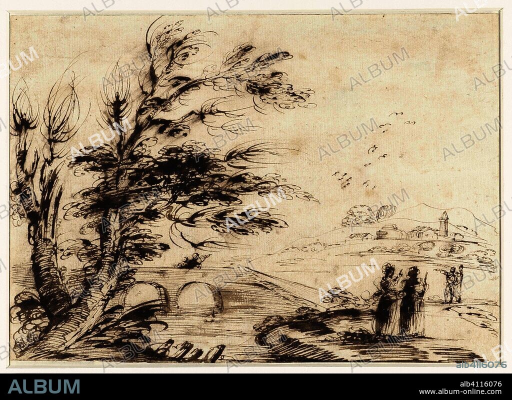 Landscape with a bridge and some figures. Draughtsman: Guercino (attributed to). Dating: 1601 - 1666. Measurements: h 202 mm × w 283 mm.