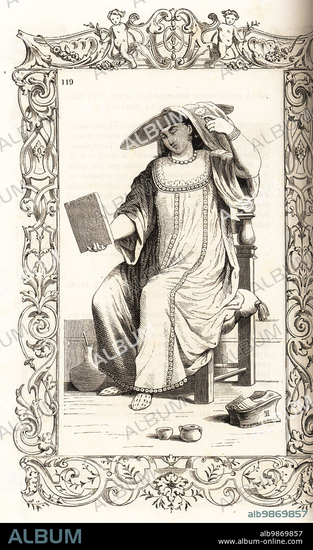 Venetian woman dying her hair blonde, 16th century. She sits on a chair and uses a sponge on a stick to dye her hair with a solana (a wide brim straw hat) in front of a mirror. She wears a shiavonetto robe in silk or other light fabric. A pair of chopines at her feet. Within a decorative frame engraved by H. Catenacci and Fellmann. Woodblock engraving by Gerard Seguin and E.F. Huyot after a woodcut by Christoph Krieger from Cesare Vecellios 16th century Costumes anciens et modernes, Habiti antichi et moderni di tutto il mondo, Firman Didot Ferris Fils, Paris, 1859-1860.