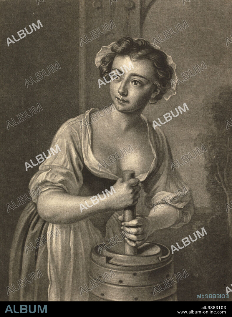Housewife making butter in a butter churn, c. 1750, France, painting of Philippe Mercier (1689-1760), Historic, digitally restored reproduction of a historic original.