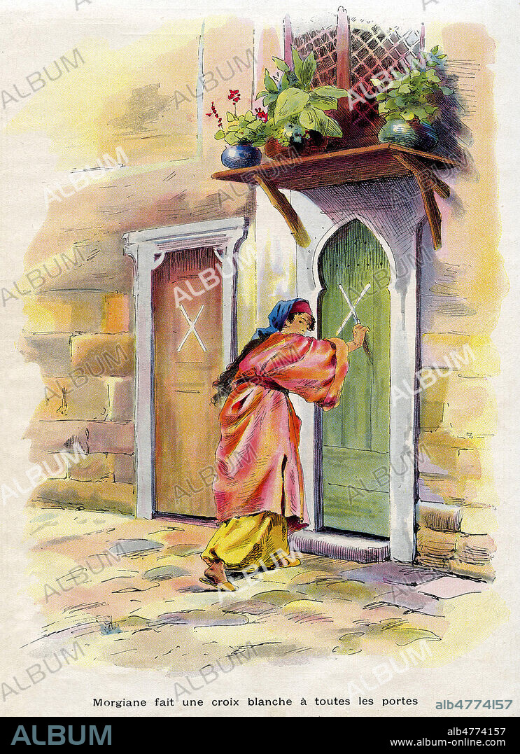 Morgiane fait une croix blanche a toutes les portes. Illustration vers 1930 de Felician MYRBACH (1853- 1940) pour Ali-Baba et les quarante voleurs. Credit : Coll. Jonas/KHARBINE-TAPABOR.