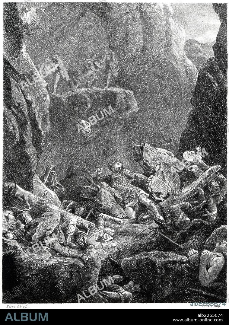 Historia de España. Batalla de Roncesvalles. Derrota de los francos de Carlomagno por Abderrahman I el 15 de agosto del año 778. Grabado de 1872.