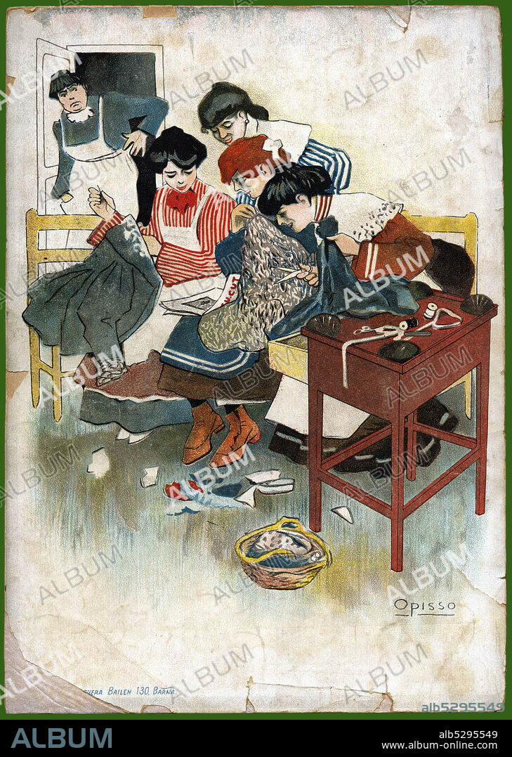 RICARD OPISSO SALA. Modistas reunidas en grupo contemplando un ejemplar de la revista satírica Cu-Cut. Año 1905.