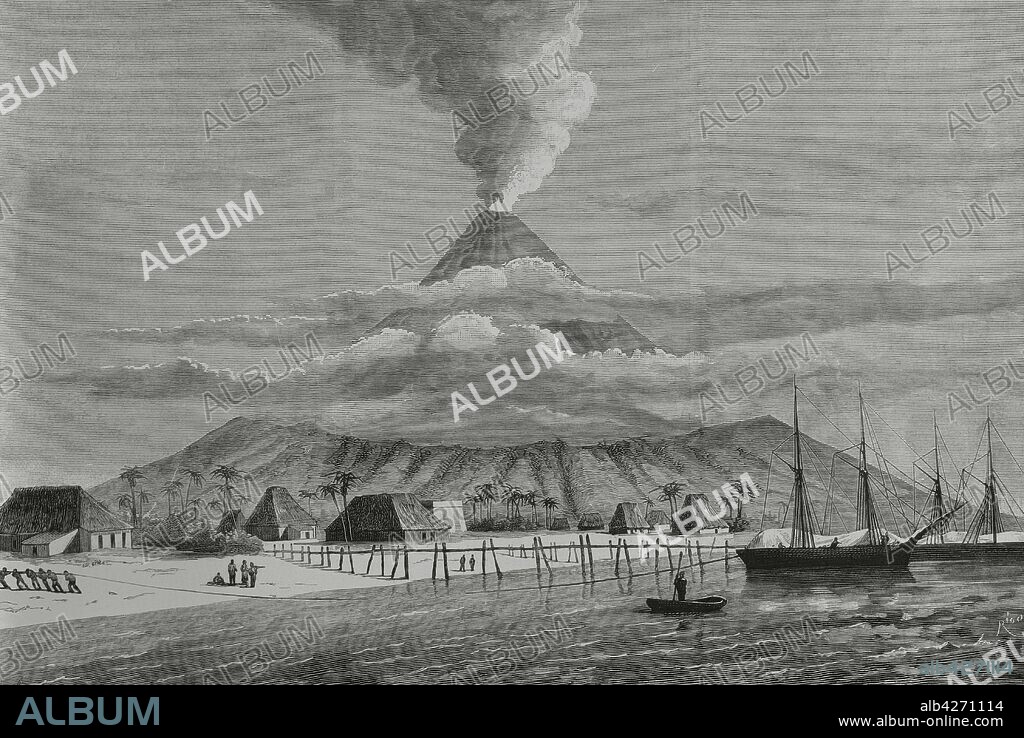 Islas Filipinas. Provincia de Albay. Isla de Luzón. Panorama del monte Mayón, volcán activo. Dibujo del natural. Grabado por Bernardo Rico. La Ilustración Española y Americana,15 de diciembre de 1881.
