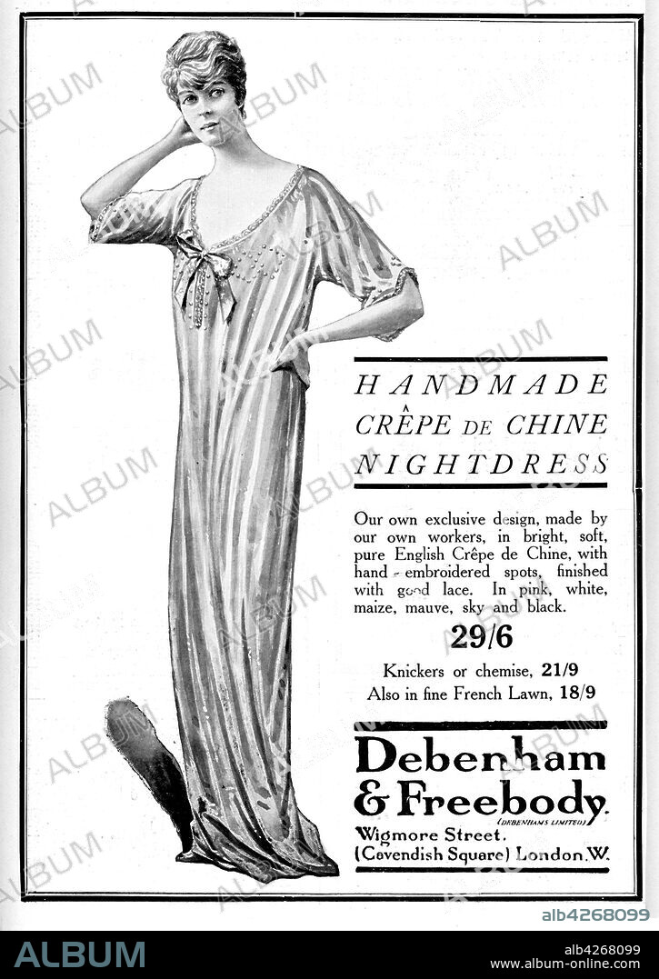 Advertising during the first World War in 1915. Debenham & Freebody. Furs, Handmade Lingerie Blouse, Crepe de Chine Nightdress, Tea Frock, Fur-Trimmed Velveteen Tailor Suits, Chine Taffeta Petticoats, Triple Ninon Blouse, Dainty Summer Blouse.
