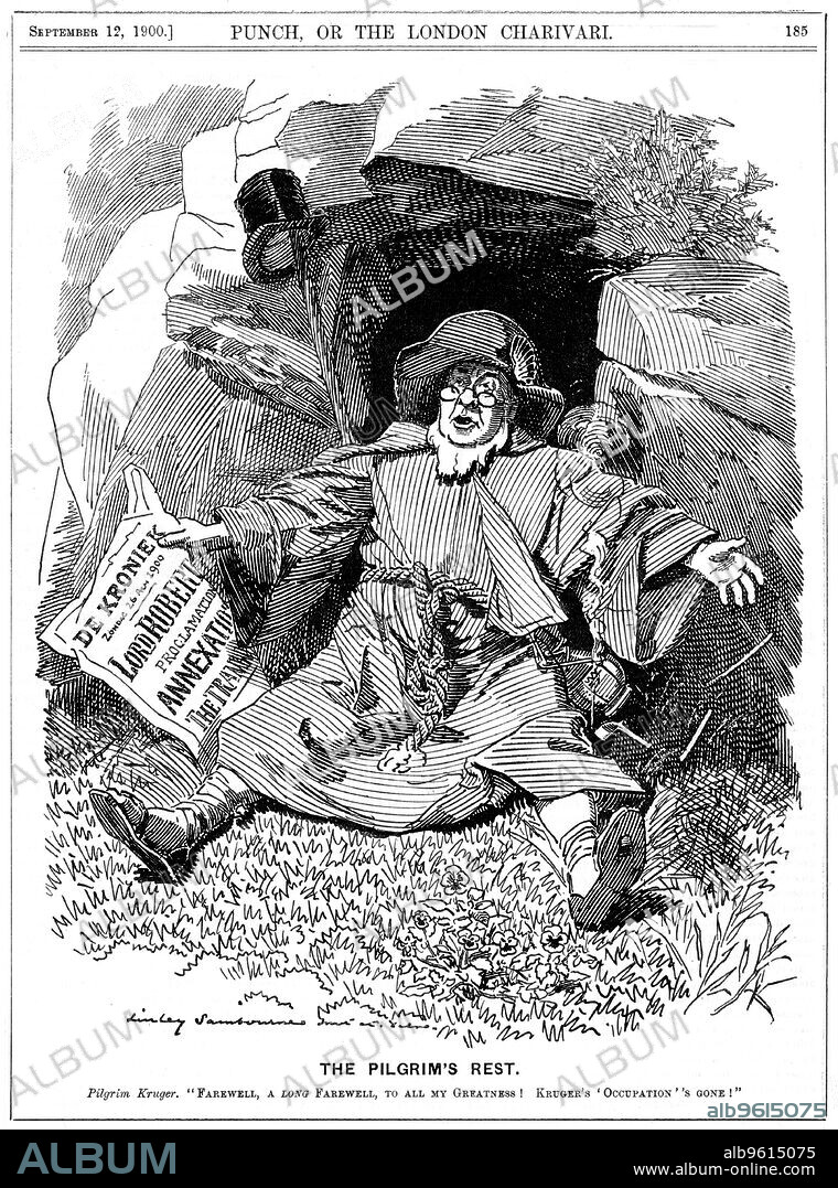 EDWARD LINLEY SAMBOURNE. 'The Pilgrim's Rest', caricature af Paul Kruger, South African politician, 1900. Known as Oom (uncle) Paul, Stephanus Johannes Paulus Kruger (1825-1904) was President of the Transvaal or South African Republic from 1883. In the 2nd Boer War (1899-1900), Kruger was too old and unwell to take an active role in the field and he moved to the Netherlands. Cartoon from Punch showing a dismayed Kruger holding a newspaper reporting the annexation of the Transvaal by Lord Roberts. (London, 12 September 1900).