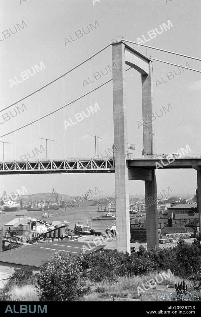 View from the shore of Alvsborg Bridge, Gothenburg, Sweden, 1969.
