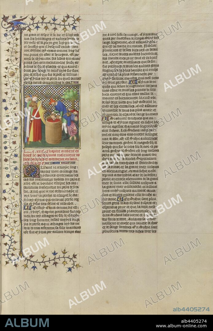 Cyrus the Great, Founder of the Persian Empire, Killed by Thamaris, Queen of the Massagetai, Boucicaut Master Illuminator (French, active about 1390 - 1430), Paris, France, about 1413–1415, Tempera colors, gold leaf, gold paint, and ink on parchment, Leaf: 42 × 29.6 cm (16 9/16 × 11 5/8 in.).