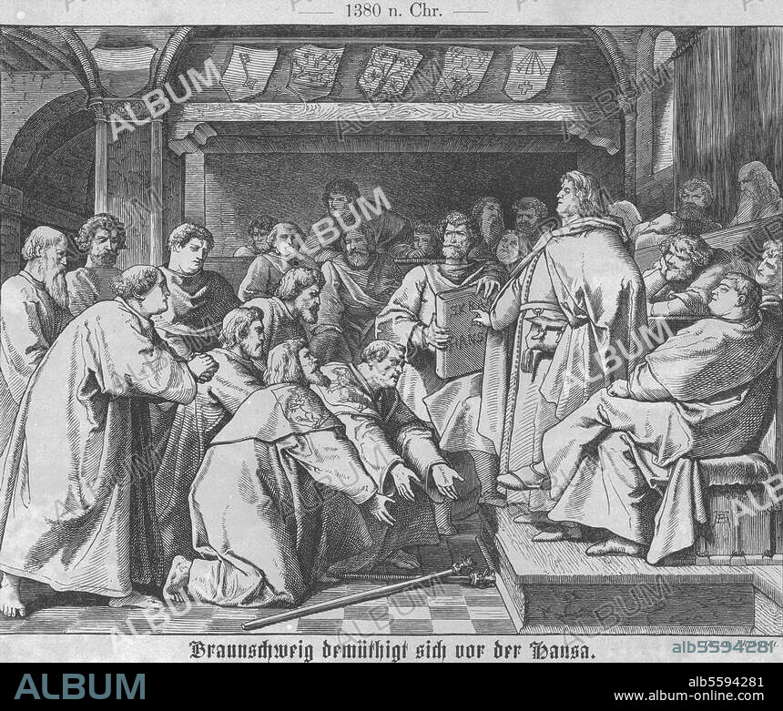 Wiederaufnahme der Stadt Braunschweig in den Hansabund, 1380. "Braunschweig demütigt sich vor der Hansa". Holzschnitt, um 1850, nach Zeichnung von Adolf Ehrhardt.
