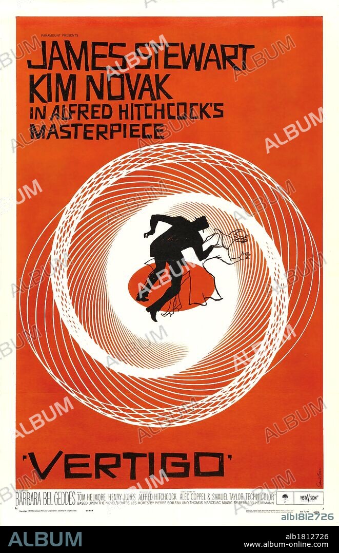 Affiche de VERTIGO, 1958, réalisé par ALFRED HITCHCOCK. Copyright Alfred J. Hitchcock Productions.