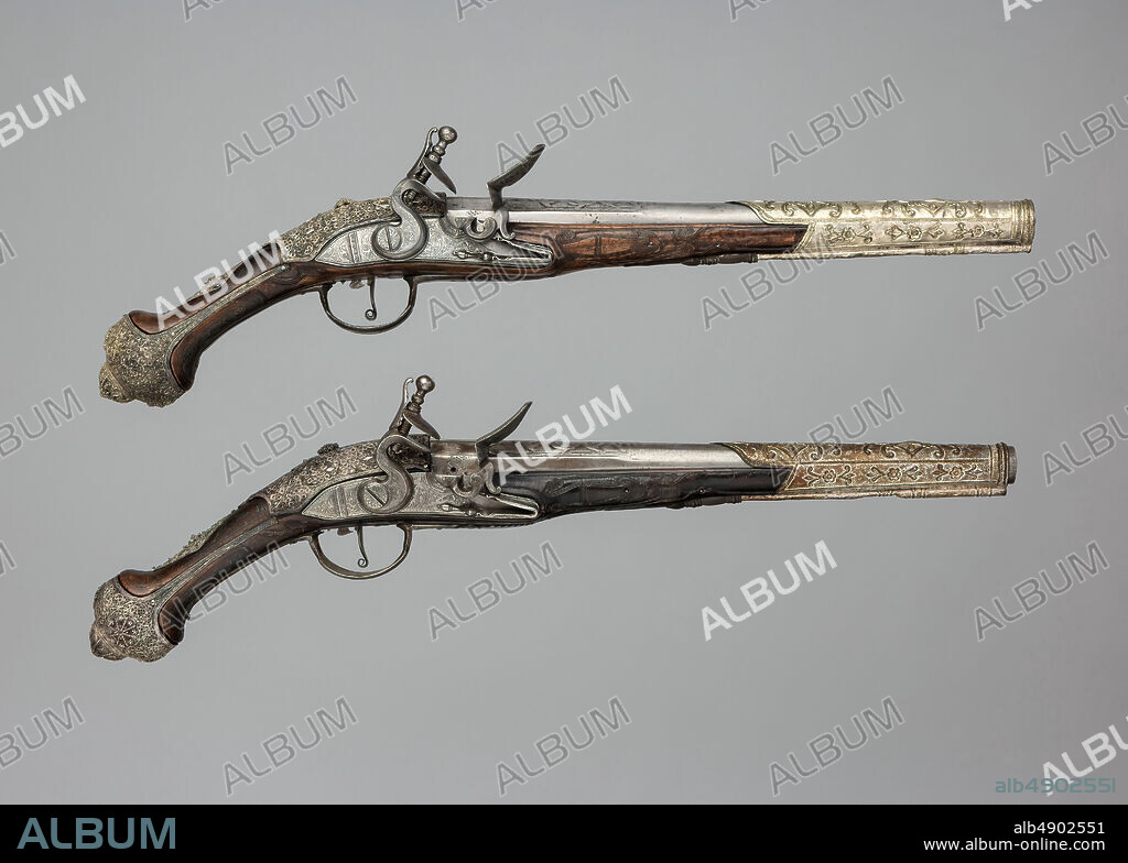 Pair of Flintlock Pistols, Possibly Albanian, 19th century, Possibly Albanian, Steel, silver, silver wire, 96.5.147; L. 19 in. (48.3 cm); L. of barrel 12 in. (30.5 cm); Cal.65 in (16.5 mm); Wt. 2 lb. 5.7 oz. (1068.8 g); 96.5.148; L. 19 in. (48.3 cm); L. of barrel 12 in. (30.5 cm); Cal.67 in (17 mm); Wt. 2 lb. 5.8 oz. (1071.6 g), Firearms-Pistols-Flintlock.