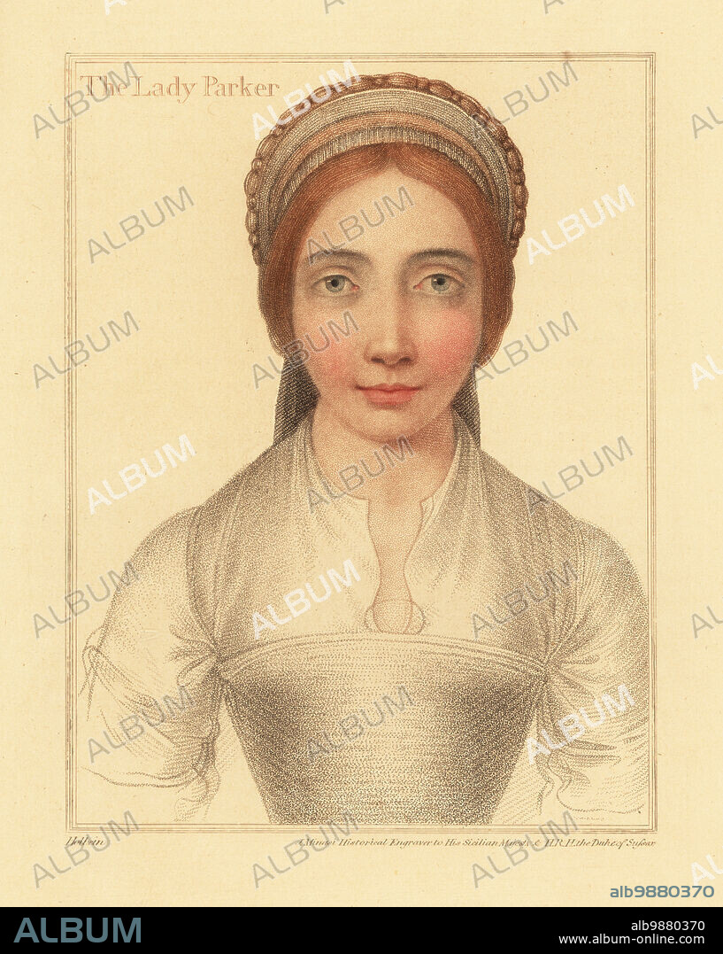 Lady Parker, wife of Sir Henry Parker. First wife Grace Newport, or second wife Elizabeth Calthrope. Also identified as Jane Boleyn (nee Parker), sister-in-law to Anne Boleyn. Handcoloured copperplate stipple engraving by James Minasi after a portrait by Hans Holbein the Younger from Imitations of Original Drawings by Hans Holbein, John Chamberlaine, London, 1812.