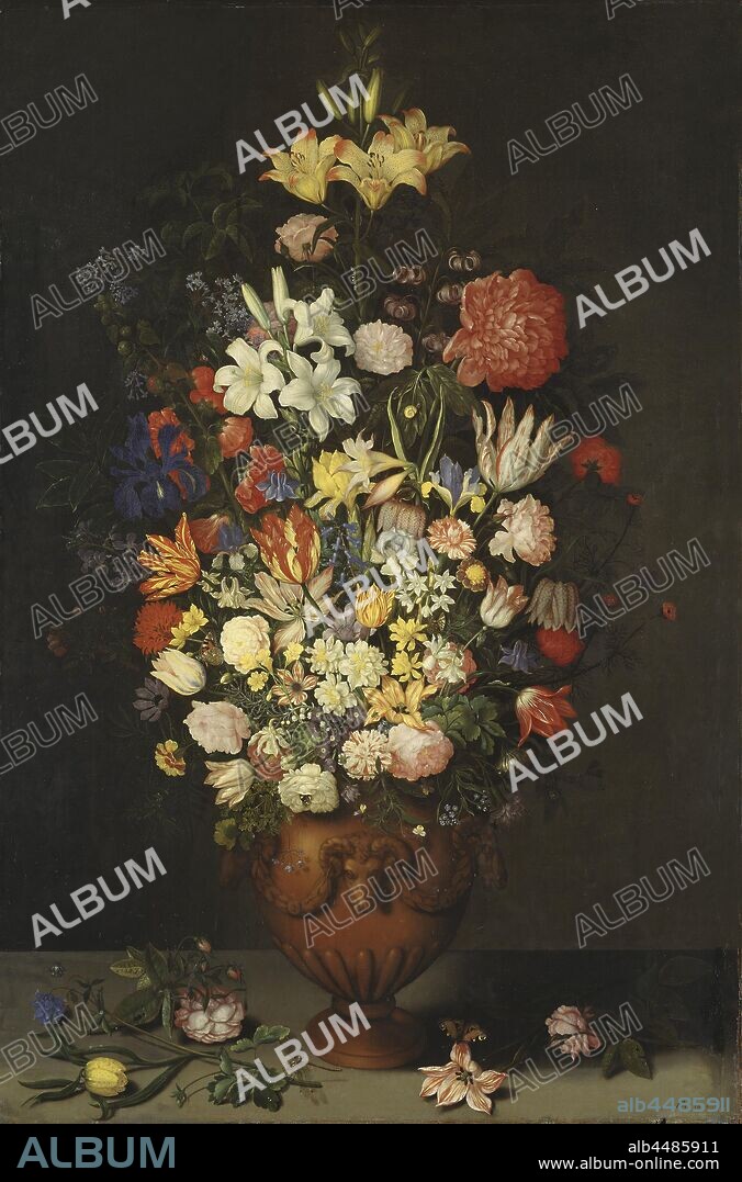 Ambrosius Bosschaert, Still Life with a Vase of Flowers, Still Life with large flower vase, painting, still life, 1620, oil on wood, oil on oak, Height, 130.3 cm (51.2 inches), Width, 85.5 cm, (33.6 inches), Signed, A B., in ligature, down right.