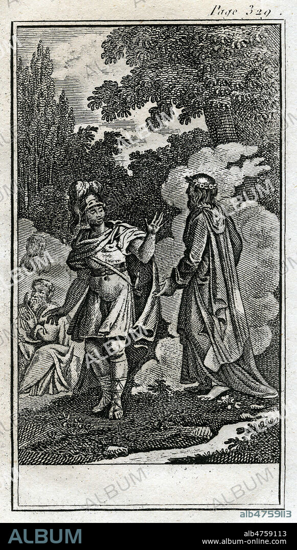 Telemaque cherche son pere et retrouve Arcesius le grand-pere d'Ulysse aux Champs-Elysees. Illustration anonyme de 1828 pour Les aventures de Telemaque, Livre VIII par FENELON (1651-1715). Credit : Coll. Jonas/KHARBINE-TAPABOR.
