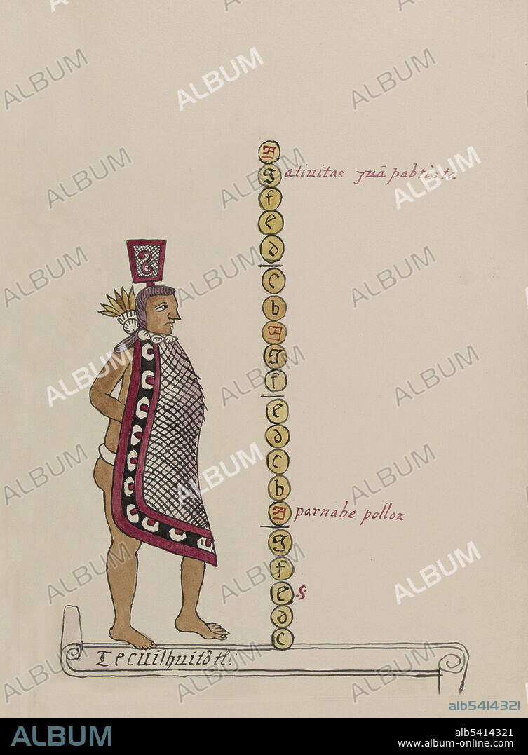 Aztec goddess Huixtocihuatl wearing a cloak, a plume of quetzal feathers, and a headdress. The text describes this month as the time when the lower classes and workers served the lesser lords and chiefs. This month, identified as including the saint’s day of John the Baptist, is called Tecuilhuitontli (Small Feast of the Lords). The patron gods of this month, which equated to June-July, were Huixtocihuatl or Uixtocihuatl (a fertility goddess who presided over salt and salt water and whose younger brother was Tlaloc) and Xochipilli (the flower prince and god of maize, love, beauty, song, and dance). The Tovar Codex (16th century) contains detailed information about the rites and ceremonies of the Aztecs. The codex is illustrated with 51 full-page paintings in watercolor. Illustration taken from a 19th century transcript of Juan de Tovar's Historia de la benida de los yndios apoblar a Mexico (the Co´dice Tovar).