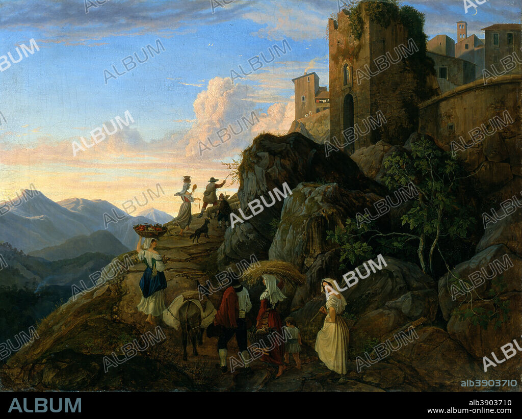 ADRIAN LUDWIG RICHTER. Civitella (Evening). Date/Period: 1827 - 1828. Painting. Oil on canvas. Height: 595 mm (23.42 in); Width: 775 mm (30.51 in).