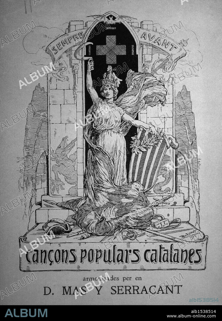 "FOLKLORE" Portada de "Cançons Populars Catalanes"; "Els Segadors" armonizada por D. Mas y Serracant; dijous de Llorens Brunet; año 1901.