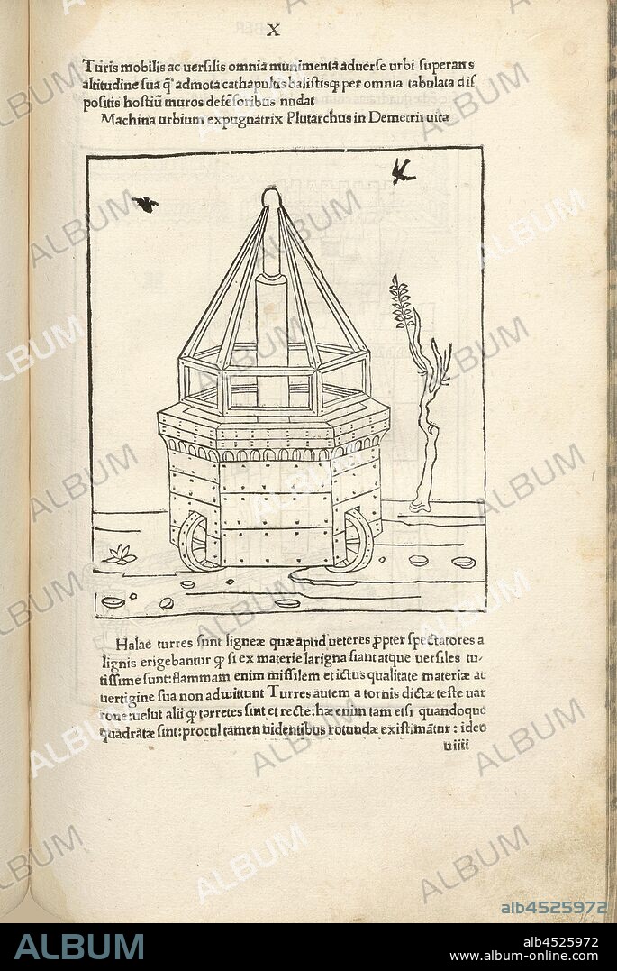 Mobile tower on wheels, Medieval Warfare, Military Equipment, Mobile City Conquest Machine, Woodcut, S. 331, (Liber decimus), 1483, Roberto Valturio: [De re militari]. Verona: [Boninus de Boninis], [1483].