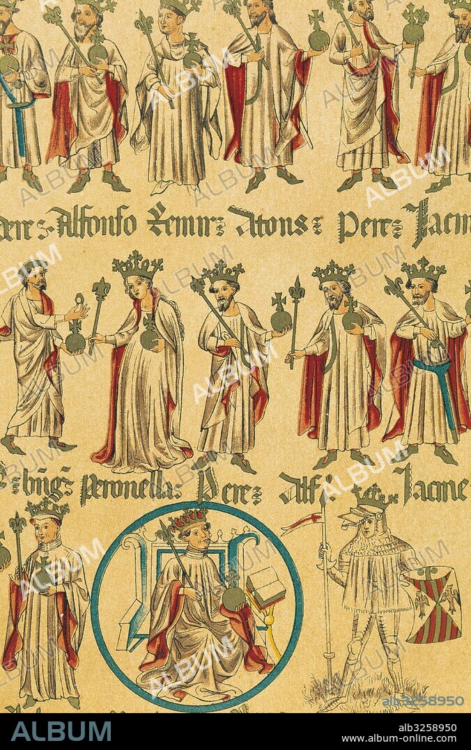Martín I "el Humano" (1356-1410). Rey de Cataluña Aragón y Sicilia (1356-1410). Hijo de Pedro IV de Aragon y III de Cataluña y de Eleonor de Sicilia. Sucedió en el trono a su hermano Juan I. Se casó con María de Luna y en segundas nupcias con Margarita de Prades. Fragmento y copia de la "Genealogia de los Reyes de Aragón y Condes de Barcelona". A su lado su hijo el Infante de Sicilia Martín el Joven, muerto por unas fiebres. El pergamino original era del siglo XV.