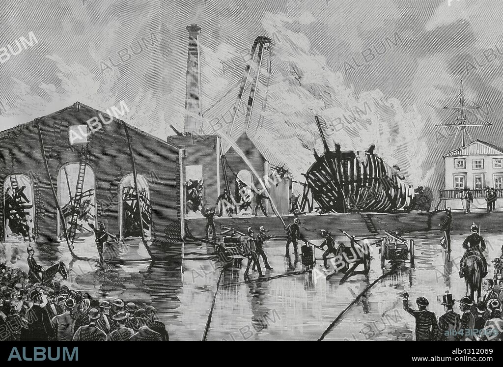 Portugal. Lisboa. Incendio en el astillero del Arsenal, con destrucción de la Corbeta-Escuela "Camoens", el 18 de diciembre de 1883. Dibujo de A. de Caula. Grabado por Bernardo Rico (1825-1894). La Ilustración Española y Americana, 30 de diciembre de 1883.