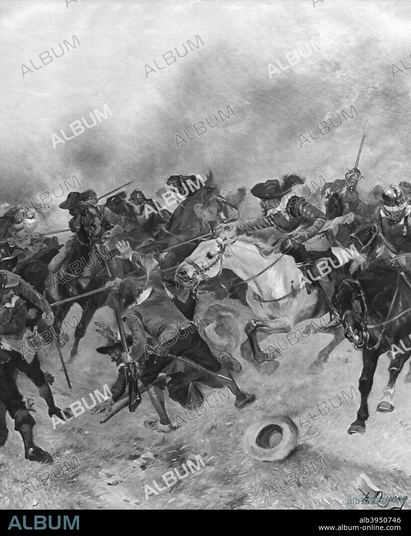The Battle of Marston Moor, 1644. The North lost to the king. The Parliamentarians under Thomas Fairfax defeated the Royalists at this battle in Yorkshire. Cromwell commanded the Parliamentarian cavalry that defeated the previously invincible Royalist cavalry of Prince Rupert. Marston Moor was a turning point in the English Civil War as it effectively lost the Royalists the north of England. A print from Fifteen Decisive Battles of British History, printed and published by Charles Letts and Co, London.