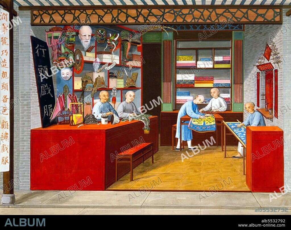 The studio of the artist Tingqua was perhaps the most prolific source of Chinese export painting during the nineteenth century. Located at 16 China Street, Guangzhou, the school specialized in gouache and watercolor paintings influenced by Western artistic traditions. These works became known in America primarily through the American China trader Augustine Heard, who brought a substantial collection of Tingqua paintings back to the United States in ca. 1855. These are now located at the Peabody Museum in Salem, Massachusetts. Tingqua was from a family of Chinese artists, each of whom were recognized for there skills in painting scenes suitable for the export market. His father, Guan Zuolin, often known by his western name, Spoilum, was the first identifiable artist of the Cantonese export school. Tingqua's work is perhaps most recognized for its exquisite characterization of daily life and for its exceptional detail. The precision of the brushwork and concentration upon light effects is superb, and in each scene the importance of world trade with China is beautifully displayed.